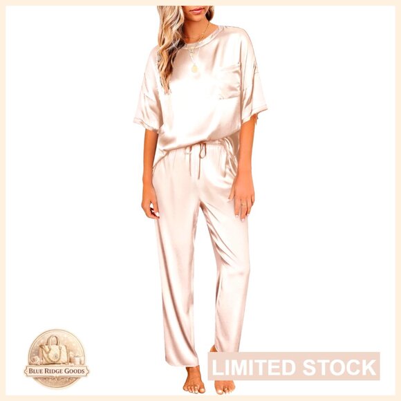 Satin Silky Pajama Set Short Sleeve Tee Long Pants Soft Loungewear Elegant